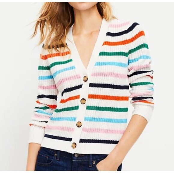 LOFT Chunky Knit Button Cardigan Womens Medium Cream Multicolor Striped V Neck - Picture 1 of 9